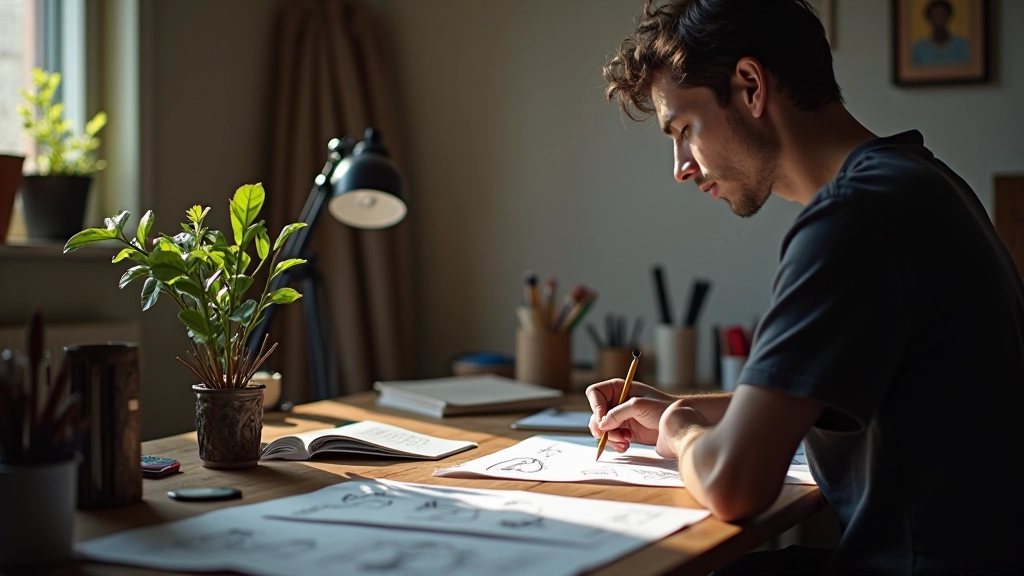 Animatore al lavoro con schizzi e storyboard di animazione