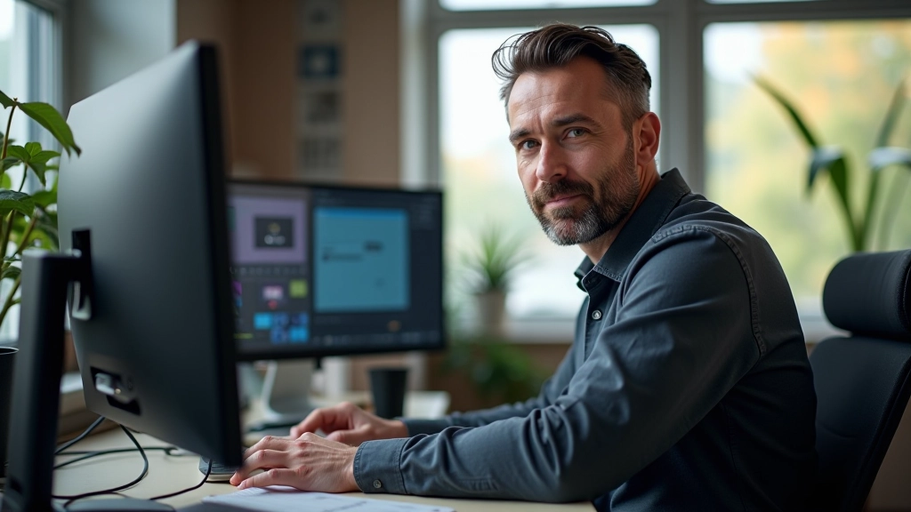 Marco Rossini al lavoro nel suo studio creativo, circondato da monitor e strumenti di motion design, ambiente di lavoro moderno e luminoso