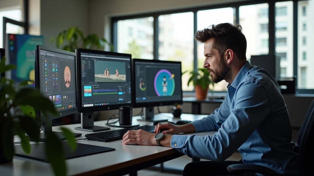 Studio di animazione moderno con software motion graphics e workstation professionali