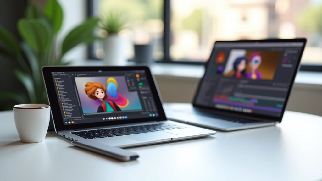 Tablet e laptop su scrivania mostrando software web di animazione, workspace collaborativo moderno