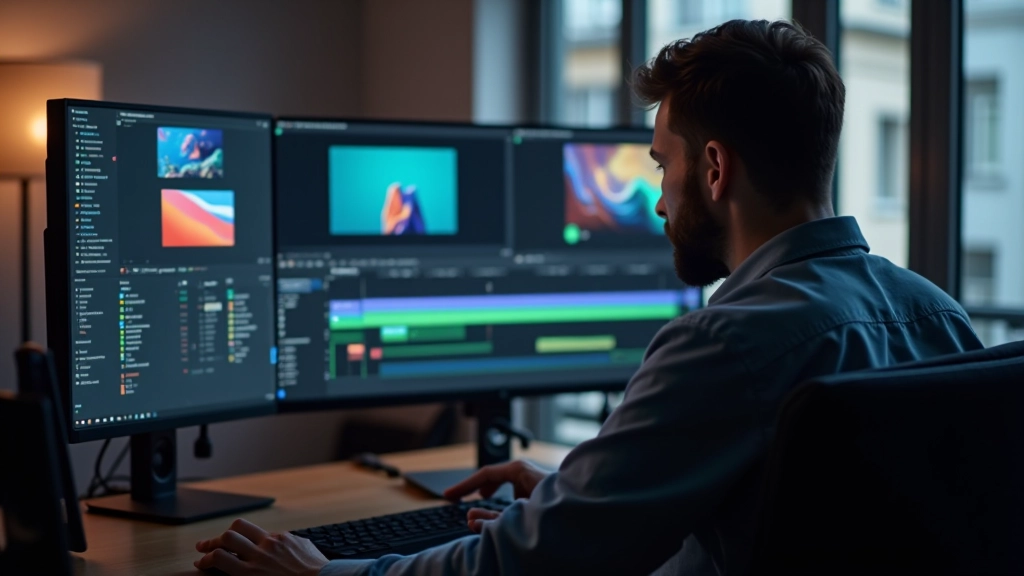 Schermo di animazione con timeline e keyframe colorati in uno studio di motion graphics moderno