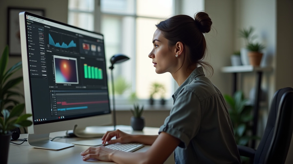 Persona che lavora al computer con software di animazione Adobe After Effects aperto, tavolo studio creativo